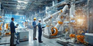 Robotique industrielle dans une usine moderne active.