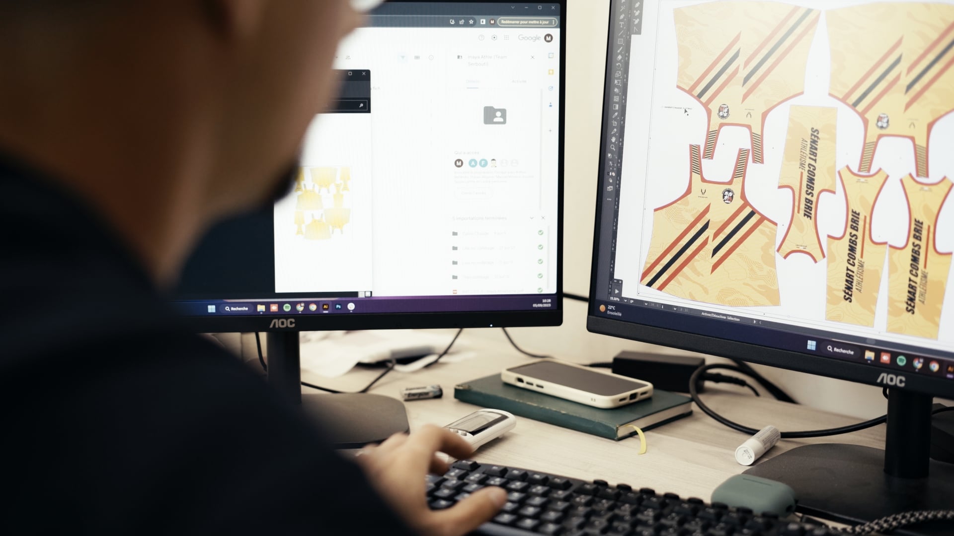 Personne concevant un motif sur ordinateur double écran.